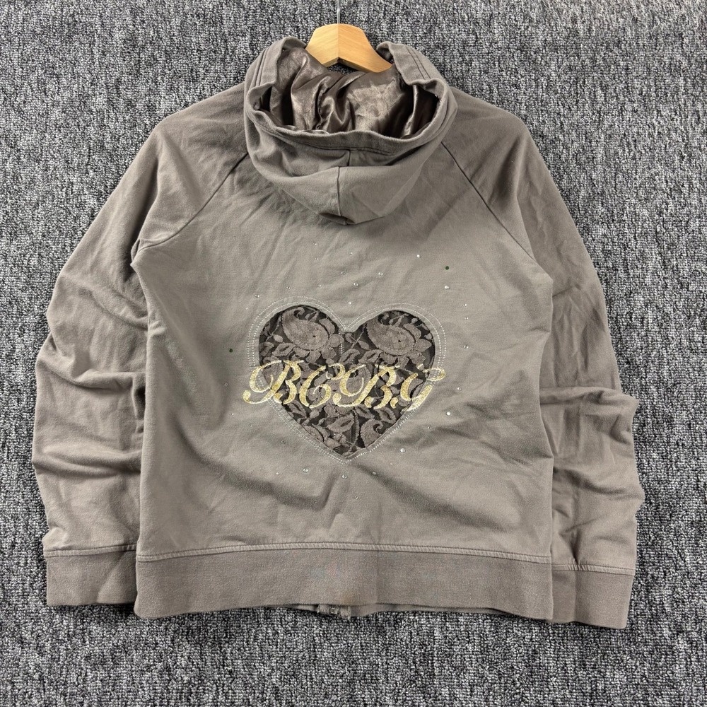 Vintage Y2K BCBGMAXAZRIA Rhinestone McBling Lace Heart Zip Up Hoodie Brown Large